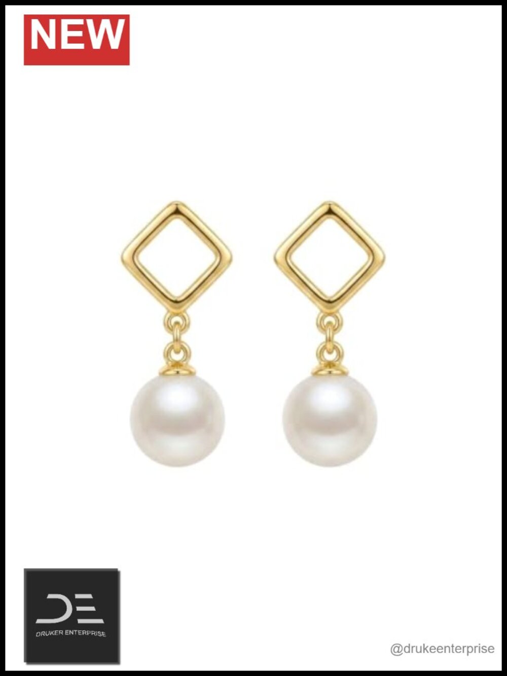 925 Sterling Silver Gold Plated Open Square Pearl Drop Earrings
